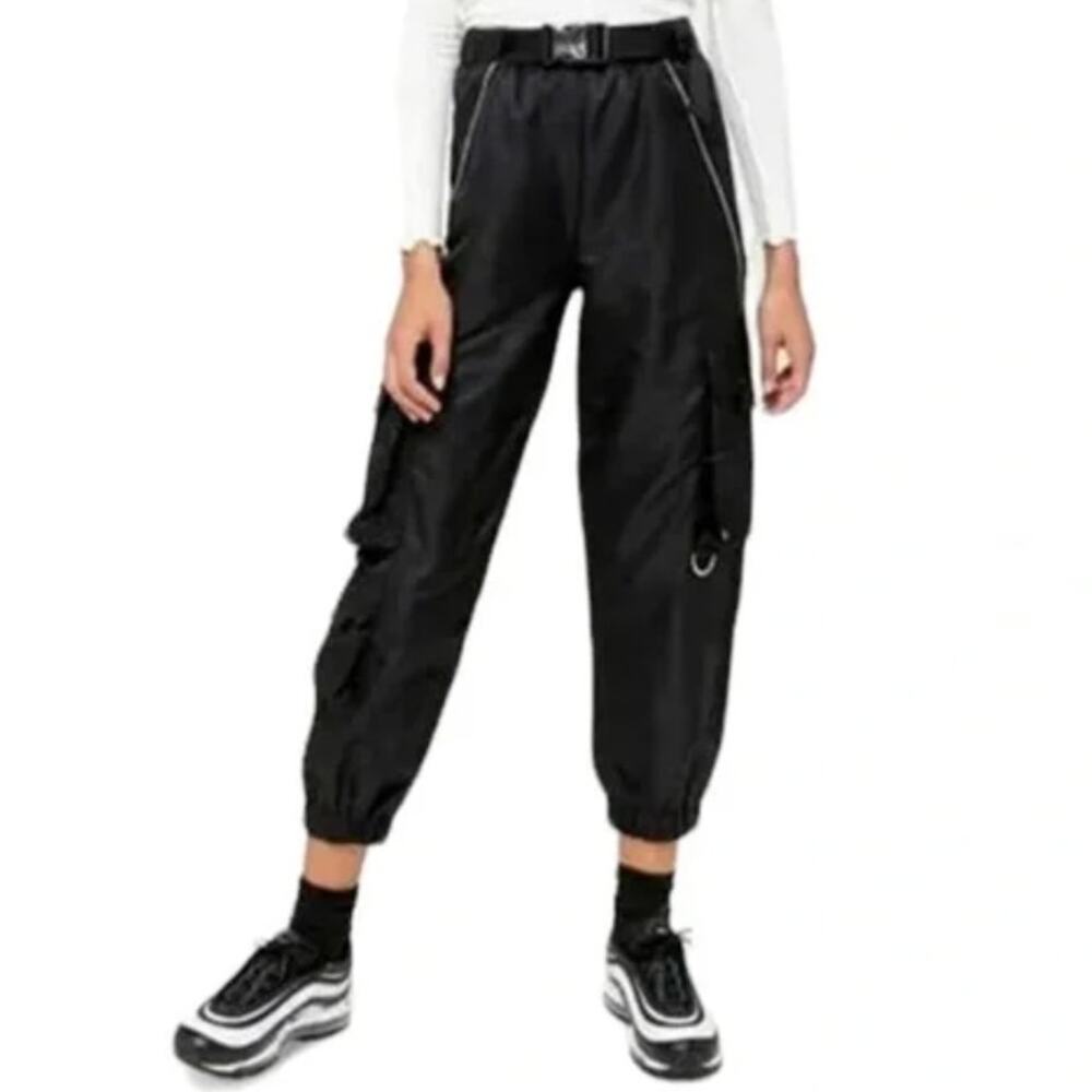 Urban Outfitters Katya Black Satin Parachute Buckle Cargo Skate Jogger Pants XS